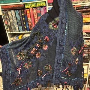 Hand Embroidered Floral Navy Scarf